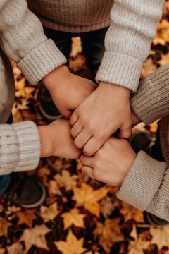 Group of people pile hands in middle, showing unity. Stand on autumn leaves. Arms covered by cozy sweaters, suggesting cool weather activity like family outing team building event.