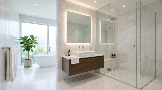 Modern white bathroom interior featuring a freestanding bathtub, a glass-enclosed shower, and a floating vanity with a sink and mirror