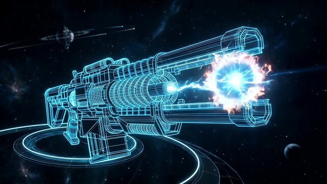 A futuristic wireframe railgun glows brightly with charging energy and electrical arcs against a dark cosmic background.