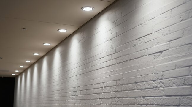 Recessed ceiling lights create rhythmic pattern on white brick wall. Modern minimalist interior lighting design, ambient light washes over textured surface. Clean aesthetic brightens space.