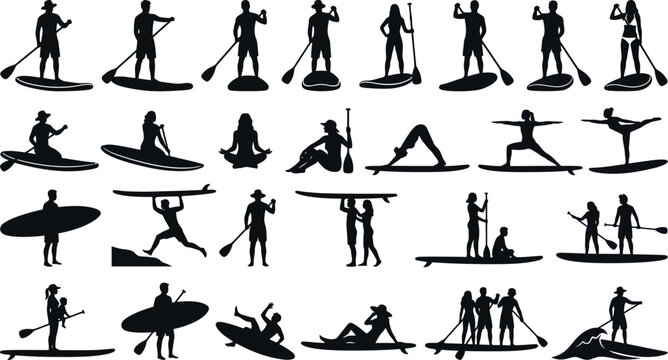 People paddleboarding and surfing silhouettes isolated on white background, Vector
