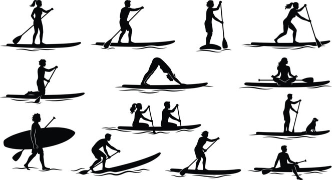 Paddleboard yoga and exercise poses illustration isolated on white background, Vector