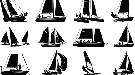Variety of sailing boats on water isolated on white background, Vector © SULTAN