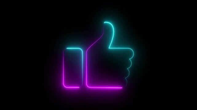 Neon thumbs up animation, glowing social media like symbol, digital feedback concept, vibrant purple and cyan light effect on black background