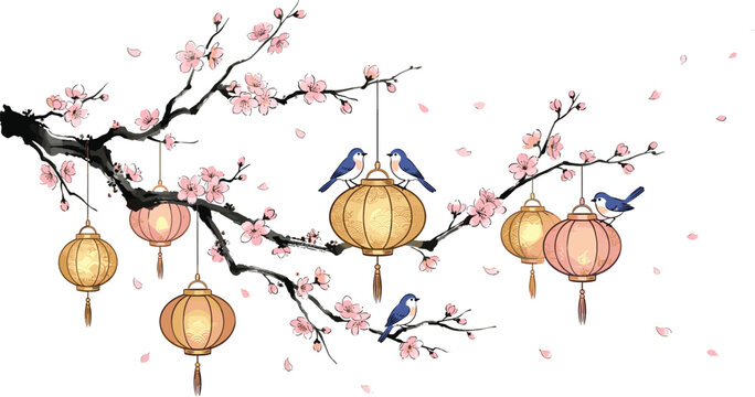 Elegant cherry blossom branch with hanging lanterns and blue birds in traditional Asian art style symbolizing spring and celebration