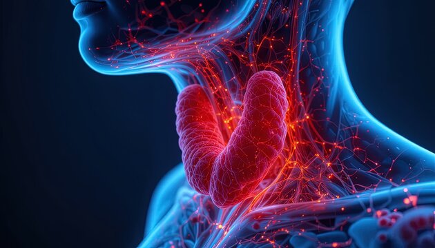 Human thyroid gland is highlighted in a glowing medical visualization of the neck anatomy.