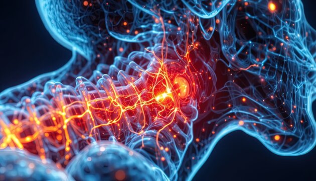 Glowing digital representation of a human neck displaying cervical spine pain and neural irritation.