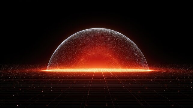 Glowing dome of energy rising from a digital grid