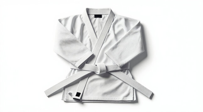 White taekwondo uniform with belt tied. Kimono style gi is clean and crisp. Martial art clothing ready for practice or competition. Traditional Korean sport wear.