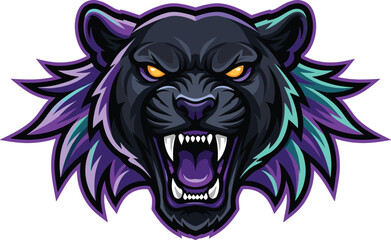 Fierce roaring panther head with sharp fangs and vibrant teal purple mane in bold symmetrical vector style symbolizing strength and power © Sammi