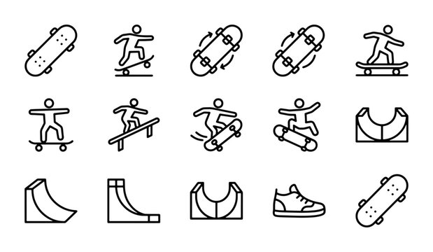 Skateboard Icons Set: Action, Tricks, and Ramps Vector Graphics Collection