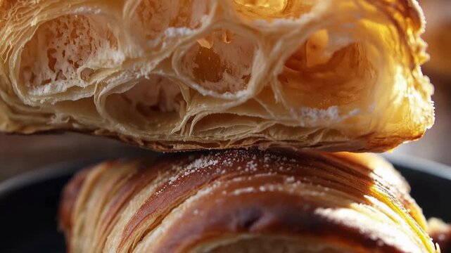 Baking process shows flaky layers of pastry on a wooden surface under warm light at bakery kitchen in the morning