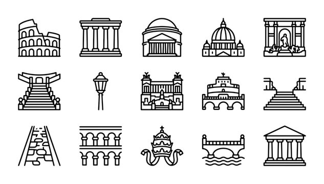 Iconic Rome Landmarks Collection, Vector Building Set, Italian Architecture Icons