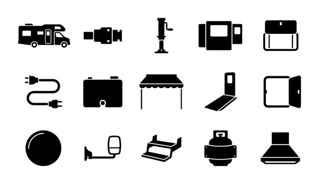 RV Parts Icons Set: Camper Van, Battery, Awning, Propane Tank, Hitch
