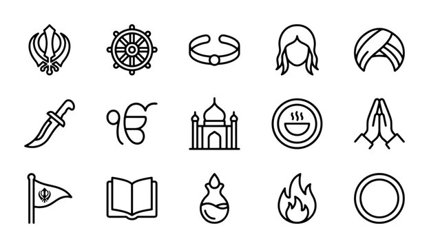 Sikhism Icons Set: Religious Symbols, Turbans, Sacred Texts, Prayer, Faith