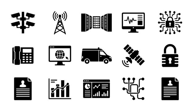 Technology Icons Set: Security, Network, Data, Transport, Communication