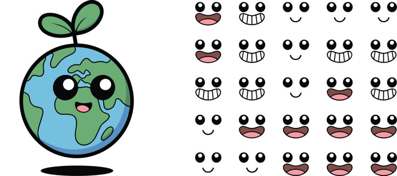 A cute cartoon Earth character with a green sprout and multiple facial expressions for World Environment Day.