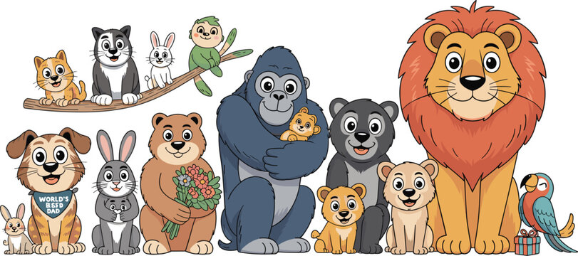 A cute collection of cartoon animals celebrating Father's Day with hugs, flowers, and gifts in a joyful family bonding scene