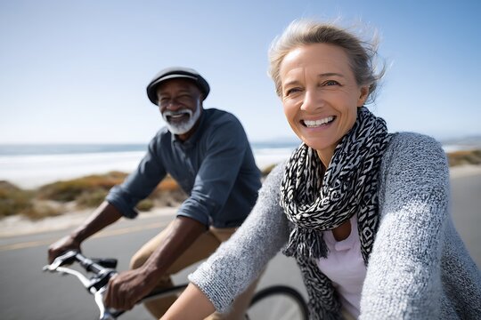 Happy Diverse Senior Couple Enjoying Bicycle Ride on Scenic Coastal Road