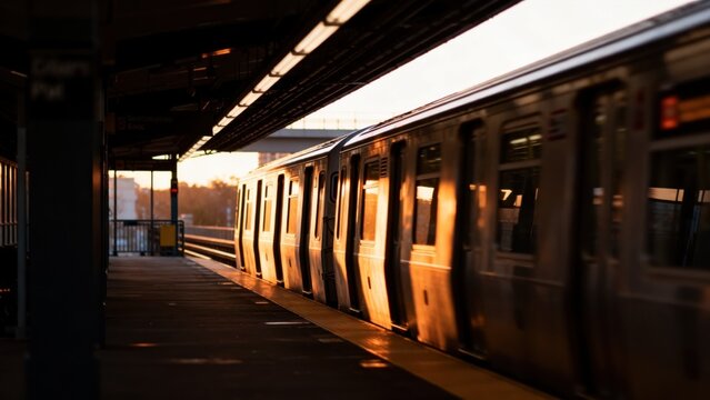 Train at a station platform during sunset
