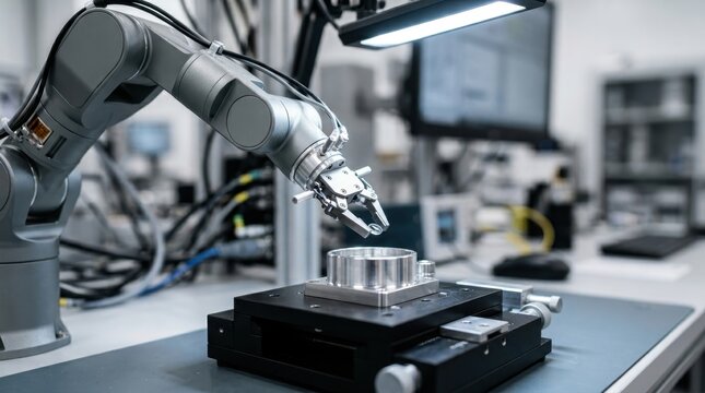 Robotic arm with precision gripper handling a small component in a lab
