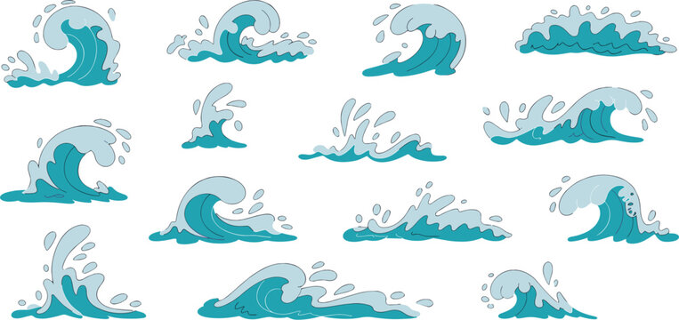 A set of cartoon ocean wave illustrations showing various splashes and sea surf movements on a dark blue background