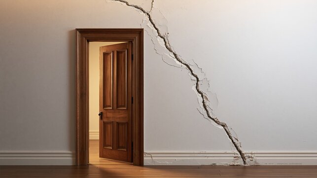 Large diagonal crack in wall next to wooden door frame indicating structural damage