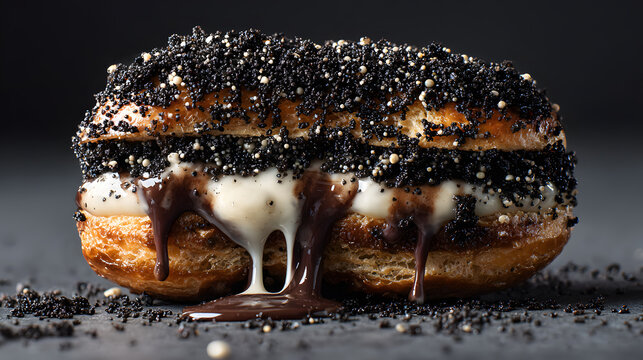 Chocolate eclair with creamy filling and dripping sauce macro dessert