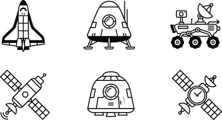 Black and White Space Exploration Icons Featuring Shuttle, Lander, Rover, Satellites, and Capsule © MD AMINUR