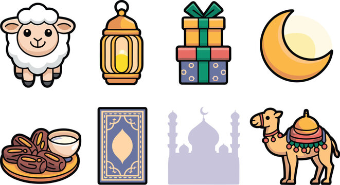 A colorful set of flat vector icons illustrating traditional Islamic celebration symbols and elements for Eid al-Adha.