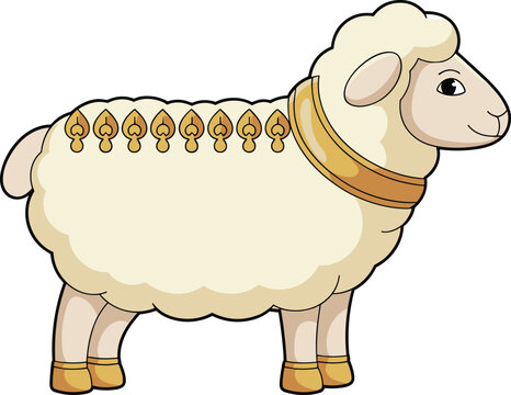 A cute cartoon illustration of a sheep decorated with ornate golden symbols for the Eid al-Adha festival