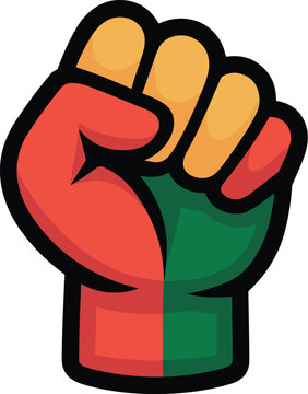 A stylized graphic illustration of a clenched fist raised in a sign of unity and cultural pride
