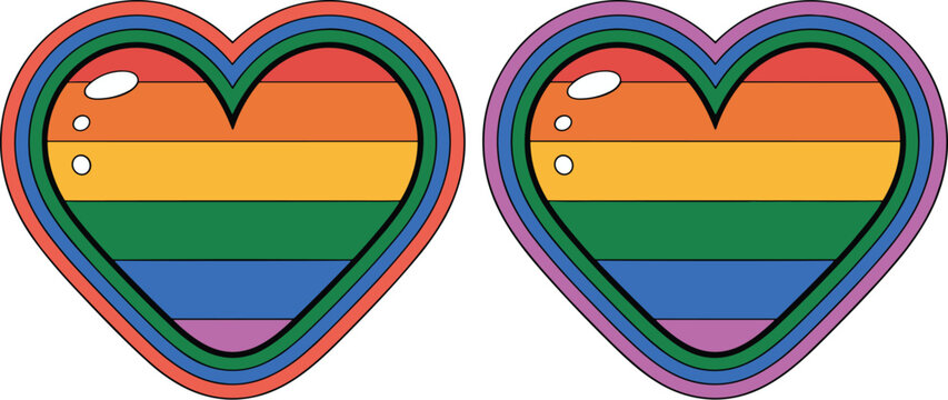 Two colorful rainbow heart icons with a glossy reflective effect representing LGBTQ+ pride and equality
