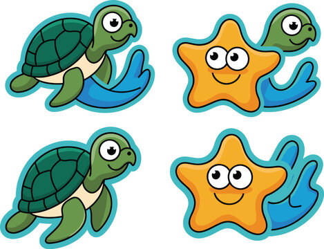 Cute cartoon sea turtle and starfish characters swimming in the ocean for World Ocean Day conservation