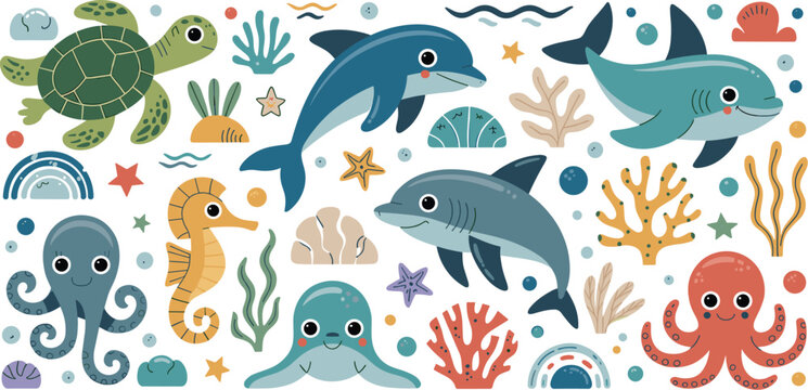 A colorful collection of cute sea creatures and marine life elements for World Ocean Day celebrations