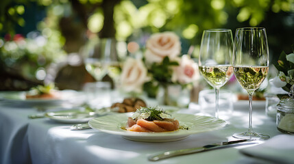 Fototapeta premium Elegant Fine Dining Table Setting Featuring Zürcher Geschnetzeltes Cuisine and Wine Glasses in Romantic Restaurant Ambience
