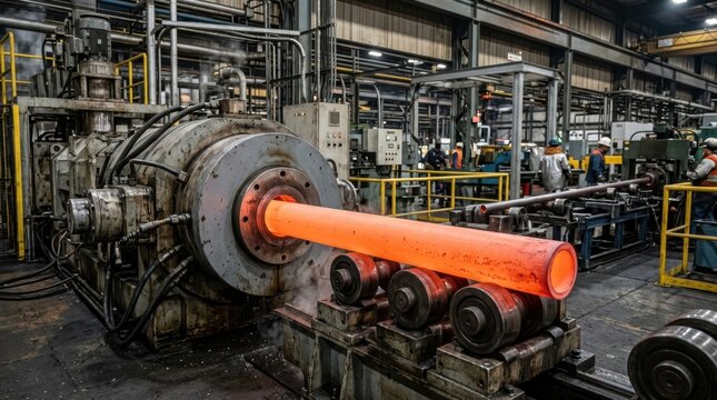 Industrial metal extrusion process in a heavy manufacturing factory