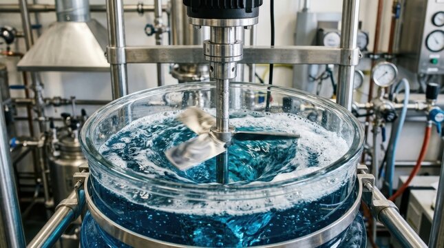 Industrial chemical mixing process with blue liquid in a glass vessel