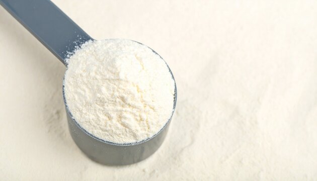 Close‑up measuring scoop filled with fine white powder, smooth texture highlighted, culinary ingredient resting on surface, purity and consistency emphasized, versatile material for cooking or nutriti