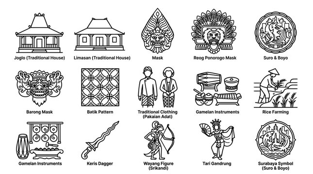 Vector icon set of East Java culture featuring traditional houses, Reog Ponorogo mask, batik patterns, gamelan instruments, keris dagger, rice farming, and cultural symbols in minimal outline style.