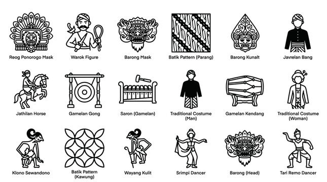 Vector icon set featuring East Java arts and culture, including Reog Ponorogo mask, warok figure, traditional costume, batik patterns, and gamelan instruments in clean outline style.