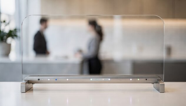 Focused medium shot of a transparent sneeze guard equipped with proximity sensors LED lights signaling nearby customers and staff attention for sanitation.