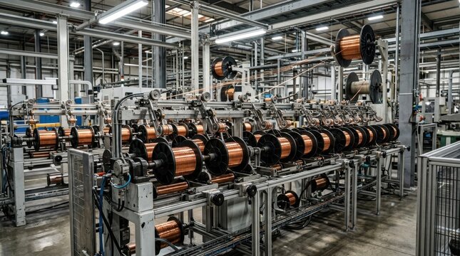 Industrial copper wire manufacturing machine in a modern factory