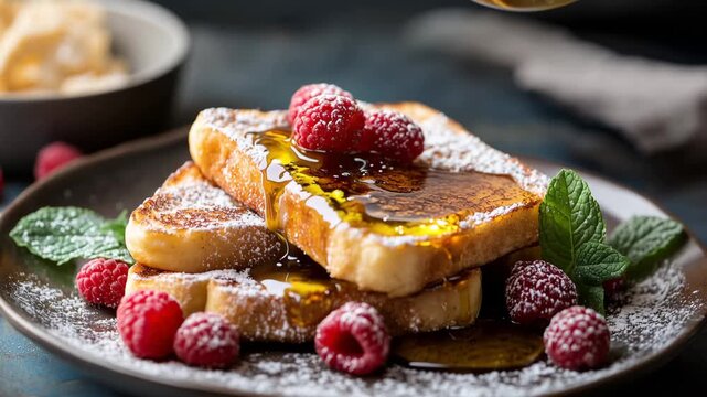 Freshly made french toast topped with syrup and raspberries on a plate, served at a dining table, during breakfast hours on a sunny day in a cozy kitchen