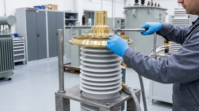 Technician assembling a high voltage electrical transformer component