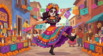 Naklejka premium Day of the Dead Celebration Festive Scene with a Graceful Woman Dancing in Traditional Attire Amidst Ofrendas and Papel Picado