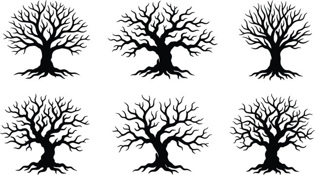 Leafless tree silhouettes collection, natural roots and branches, bare forest icons, seasonal winter design &ndash; flat vector illustration