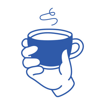 Minimalist Blue Vector Icon Featuring A Hand Holding A Steaming Cup Of Hot Beverage Representing Morning Routine Relaxing Break Or Cozy Cafe Hospitality Concept Graphic