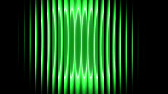 Abstract ribbed glass lines with flowing gradient blending intense green doomsday colors. Liquid vertical gradient flow and rotate across layered geometry for futuristic visual.