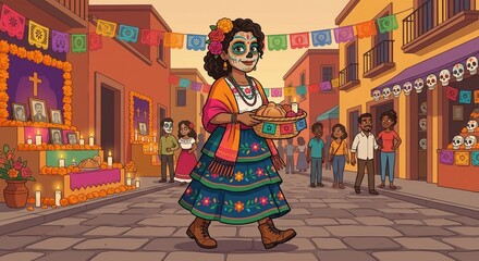 Naklejka premium Vibrant illustration of a woman celebrating Day of the Dead with traditional attire and offerings in a festive street scene
